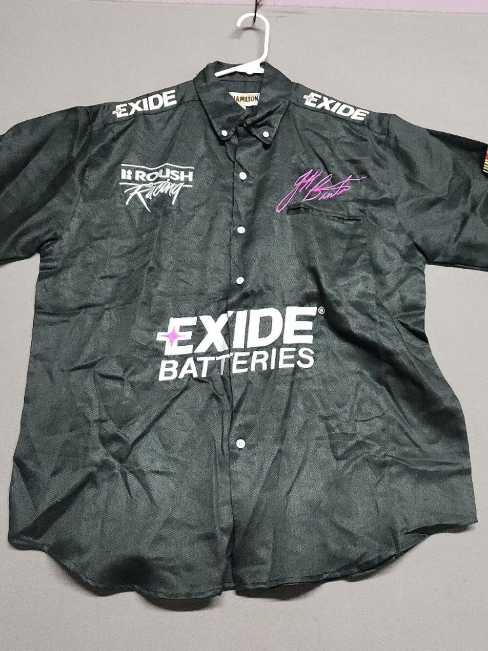 Jeff Hamilton Exide Roush Racing Nascar Button Shirt Mens M 100% Ramie Black 141